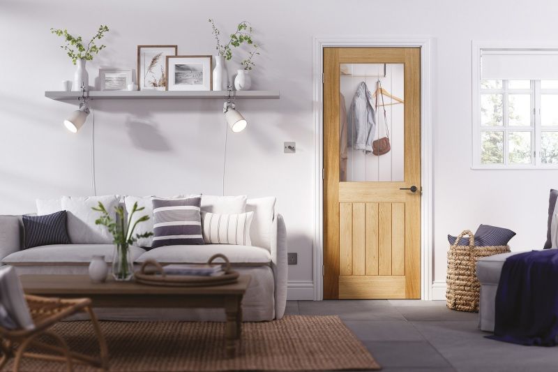 LPD UNFINISHED OAK BELIZE H/L SILKSCREEN GLASS INTERNAL DOOR 1981 x 838 x 35mm (33") OBELG33