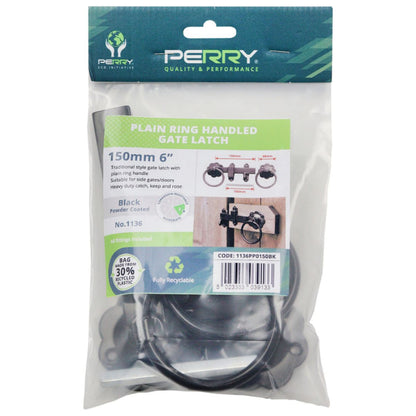 150mm 6" No 1136 BLACK PLAIN RING GATE LATCH PREPACKED 1136PP0150BK