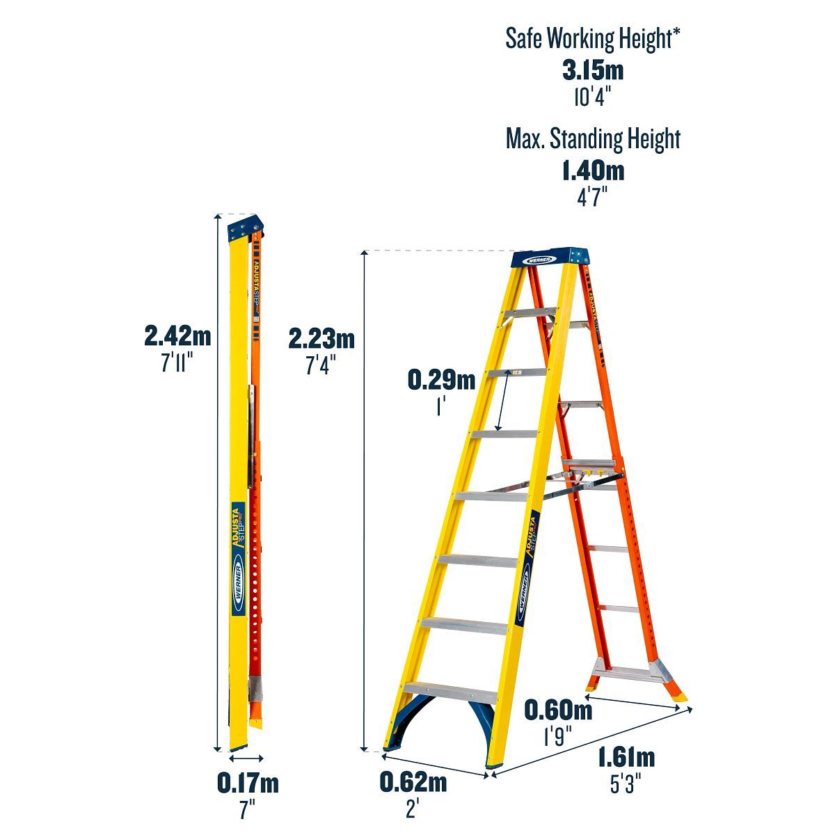 WERNER ADJUSTASTEP FIBREGLASS STEPLADDER 8 TREAD 75075