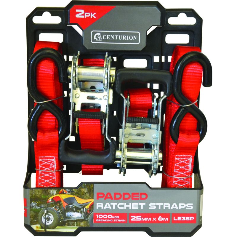 CENTURION LE38P PADDED RATCHET TIE DOWN TWIN PACK 6m (1000kg)