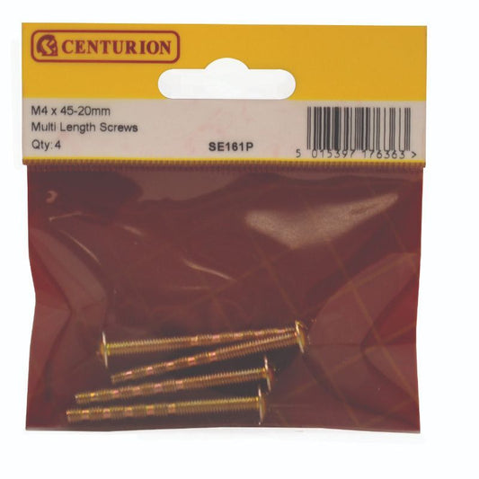 CENTURION SE161P PACK OF 4 MULTI LENGTH CUPBOARD KNOB SCREWS M4 x 20 - 45mm YELLOW PLATED