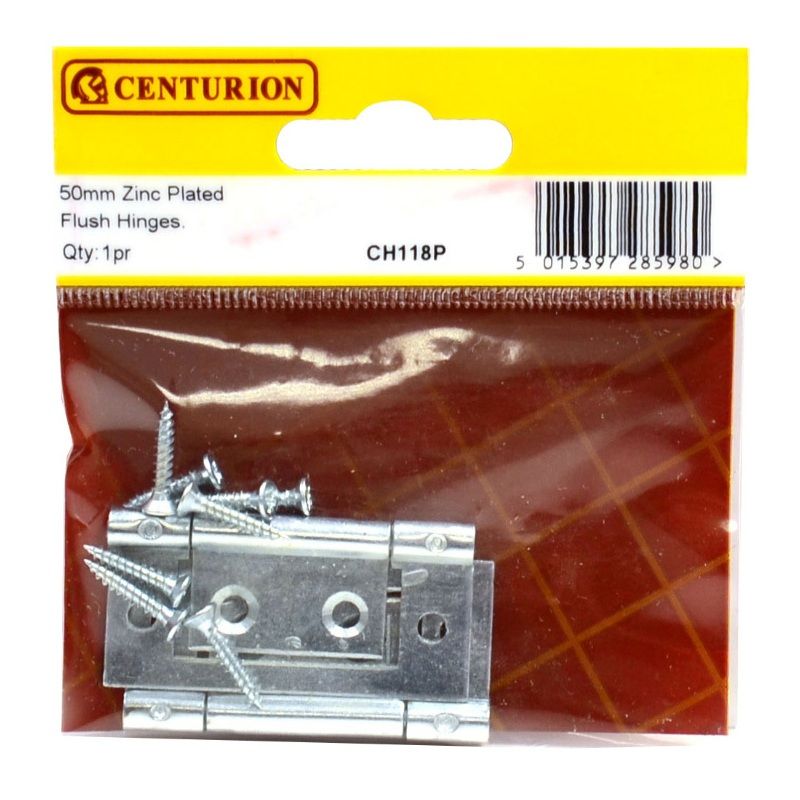 CENTURION CH118P BRIGHT ZINC PLATED 50mm FLUSH HINGE PAIR