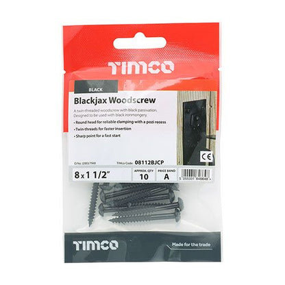 TIMCO ROUND HEAD POZI WOOD SCREWS 8 x 1.1/2" (BAG 10) BLACK 08112BJCP