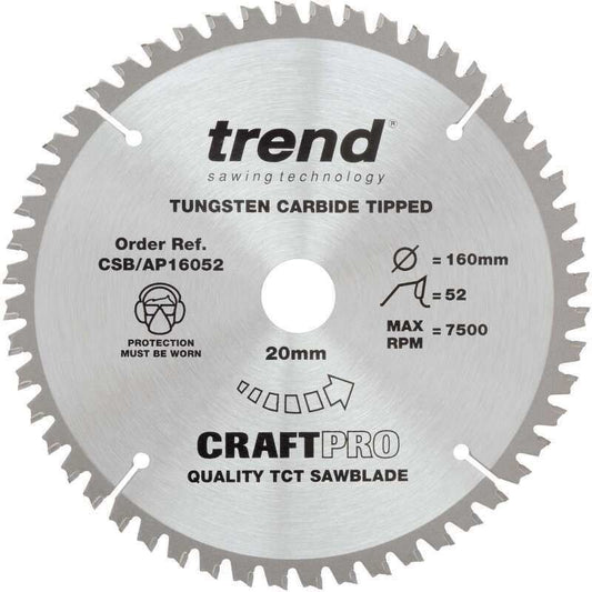 TREND CSB/AP16052 CRAFT SAW BLADE ALUMINIUM & PLASTIC 160MM X 52T X 20MM
