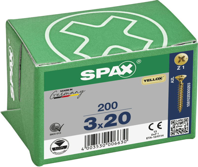 SPAX YELLOX POZI CSK PZ1 SCREWS 3.0 x 20mm BOX 200 1081020300203