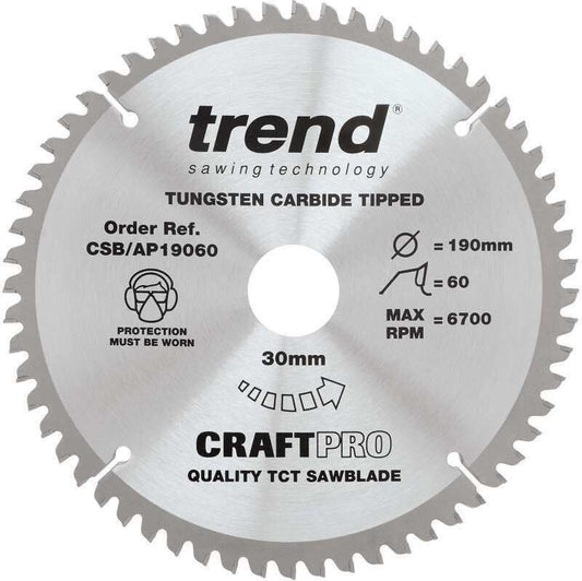 TREND CSB/AP19060 CRAFT SAW BLADE ALUMINIUM AND PLASTIC 190MM X 60T X 30MM