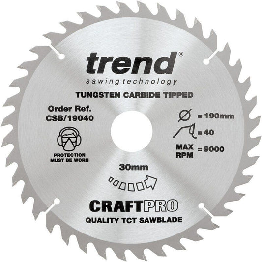 TREND CSB/19040 MEDIUM FINISH TCT CIRCULAR SAW BLADE 40TX30X190MM