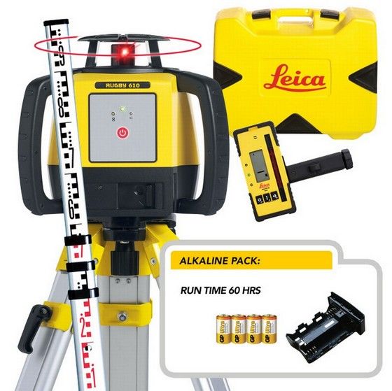 LEICA RUGBY 610 ROTATING LASER LEVEL ALKALINE KIT INCLUDES RE120 RECEIVER, TRIPOD & STAFF