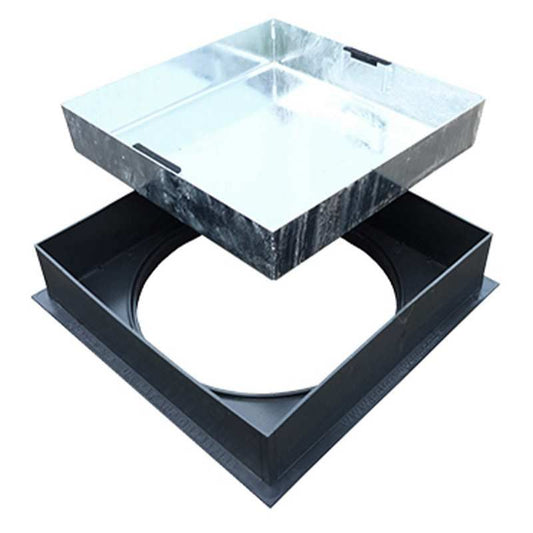 EJ GALV RECESSED MANHOLE COVER POLY FRAME SQUARE TO ROUND 450mm DIA x 80mm 10T R2-450P-SLK