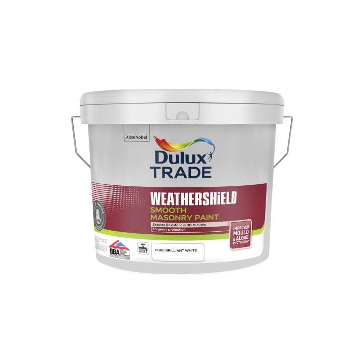 DULUX TRADE WEATHERSHIELD SMOOTH MASONRY PAINT 10l PURE BRILLIANT WHITE 5583716