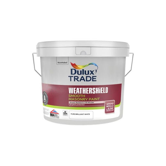 DULUX TRADE WEATHERSHIELD SMOOTH MASONRY PAINT 10l PURE BRILLIANT WHITE 5583716