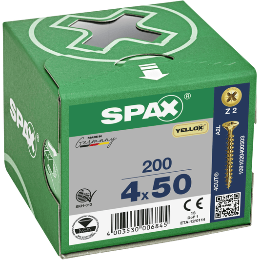 SPAX YELLOX POZI CSK PZ2 SCREWS 4.0 x 50mm BOX 200 1081020400503