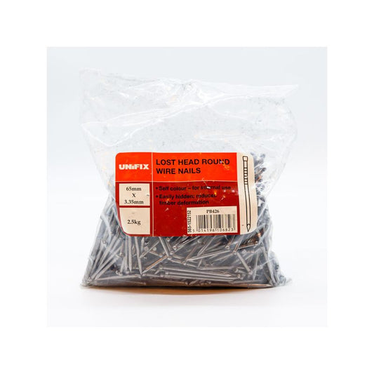 UNIFIX BRIGHT LOST HEAD NAILS 65 x 3.35mm 2.5kg POLYBAG PB426