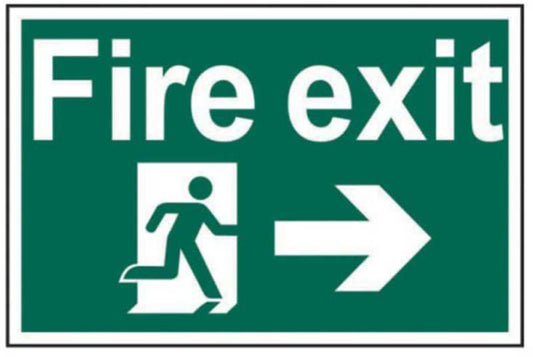 PVC SELF ADH SIGN 200mm WIDE x 300mm FIRE EXIT RUNNING MAN ARROW RIGHT 1504