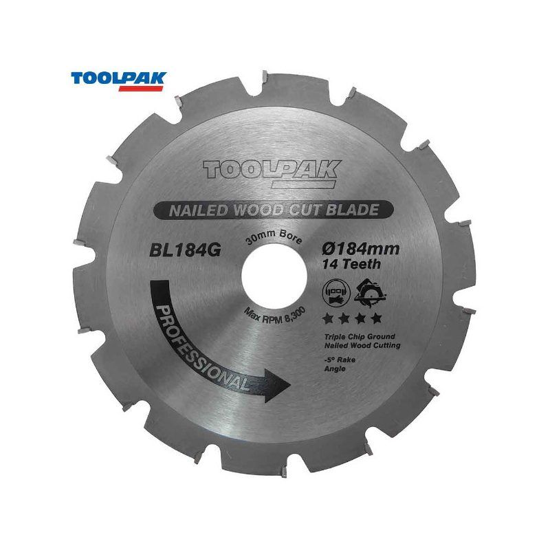 TOOLPAK BL184G 184MM X 30MM X 14T NAILED WOOD TCT SAW BLADE
