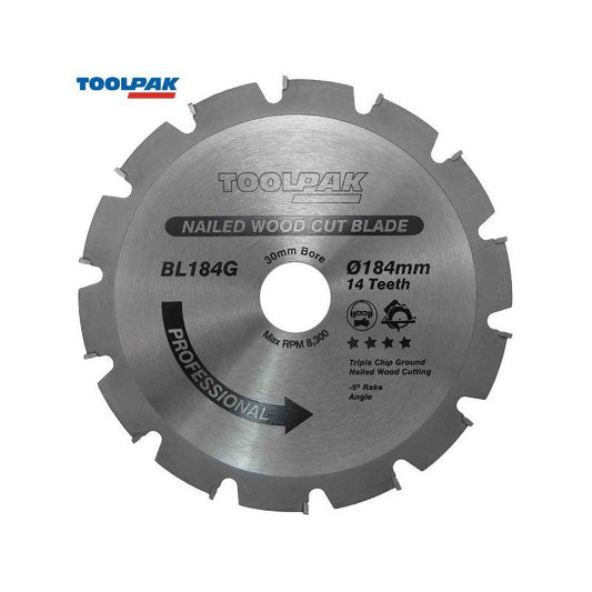 TOOLPAK BL184G 184MM X 30MM X 14T NAILED WOOD TCT SAW BLADE