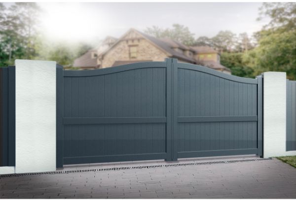 DOUBLE DRIVEWAY GATE CURVED TOP 3750 x 2200mm VERTICAL INFILL GREY RMG004DG-43