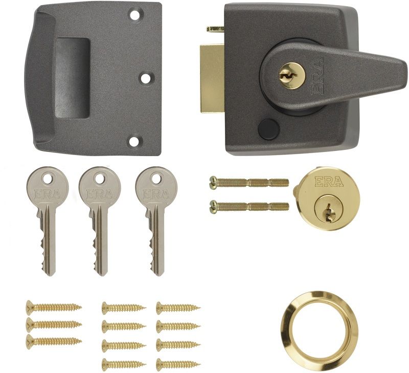 ERA NARROW STYLE DOUBLE LOCKING NIGHTLATCH 40mm GREY BODY/BRASS CYLINDER VISI PACK 184-32