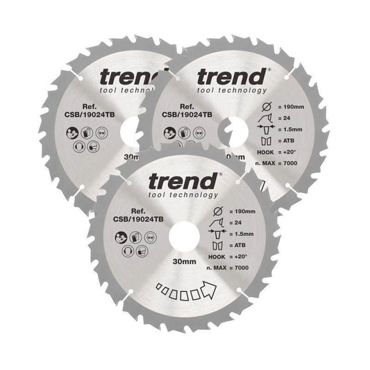 TREND CSB/190/3PK/A WOOD SAWBLADE 190 x 30 x 24T (3 PACK)