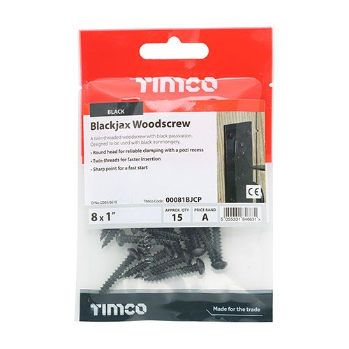 TIMCO ROUND HEAD POZI WOOD SCREWS 8 x 1" (BAG 15) BLACK 00081BJCP