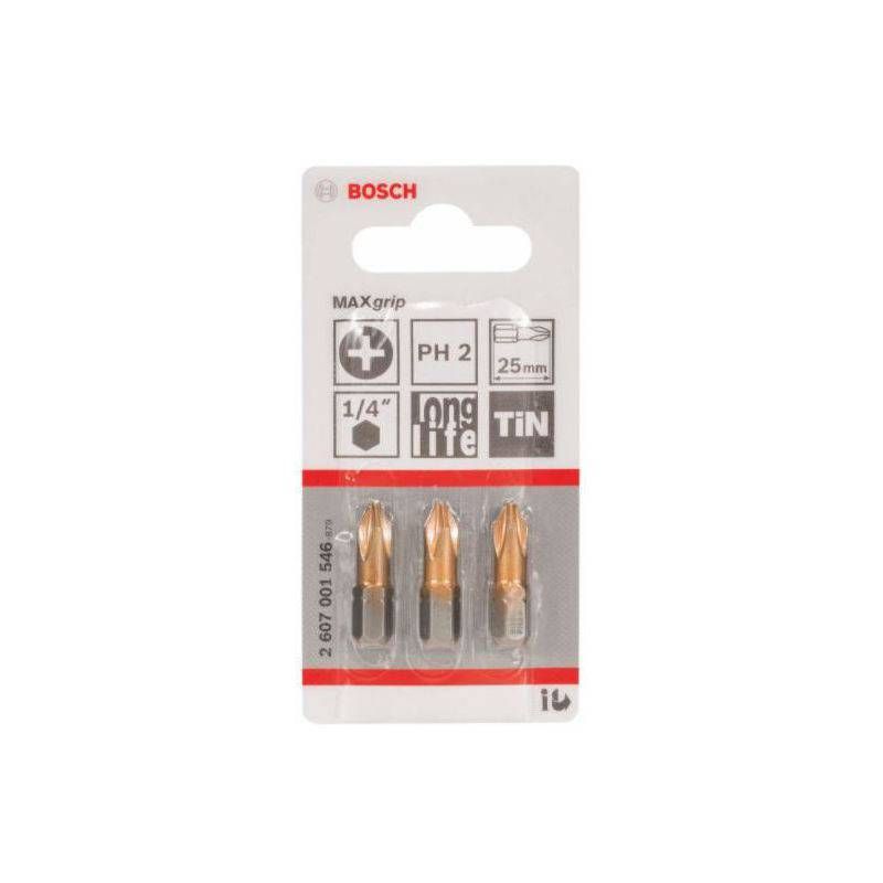 BOSCH 2607001546 PACK OF 3 PHILLIPS MAX GRIP SCREWDRIVER BITS PH2 x 25mm