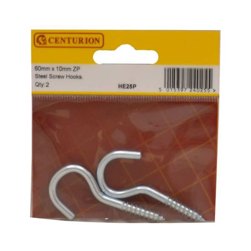 CENTURION HE25P ZINC PLATED 60mm SCREW HOOK PACK 2