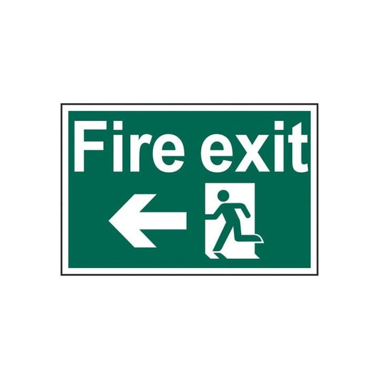 PVC SELF ADH SIGN 200mm WIDE x 300mm FIRE EXIT RUNNING MAN ARROW LEFT 1506