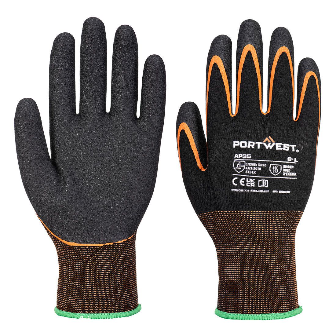 Grip 15 Nitrile Double Palm Glove, L, R, Black/Orange