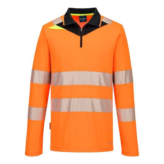 DX4 Hi-Vis Zip Polo Shirt L/S , 4XL, R, Orange/Black