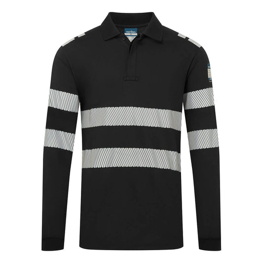 PW3 Modaflame Knit FR Long Sleeve Polo Shirt, L, R, Black