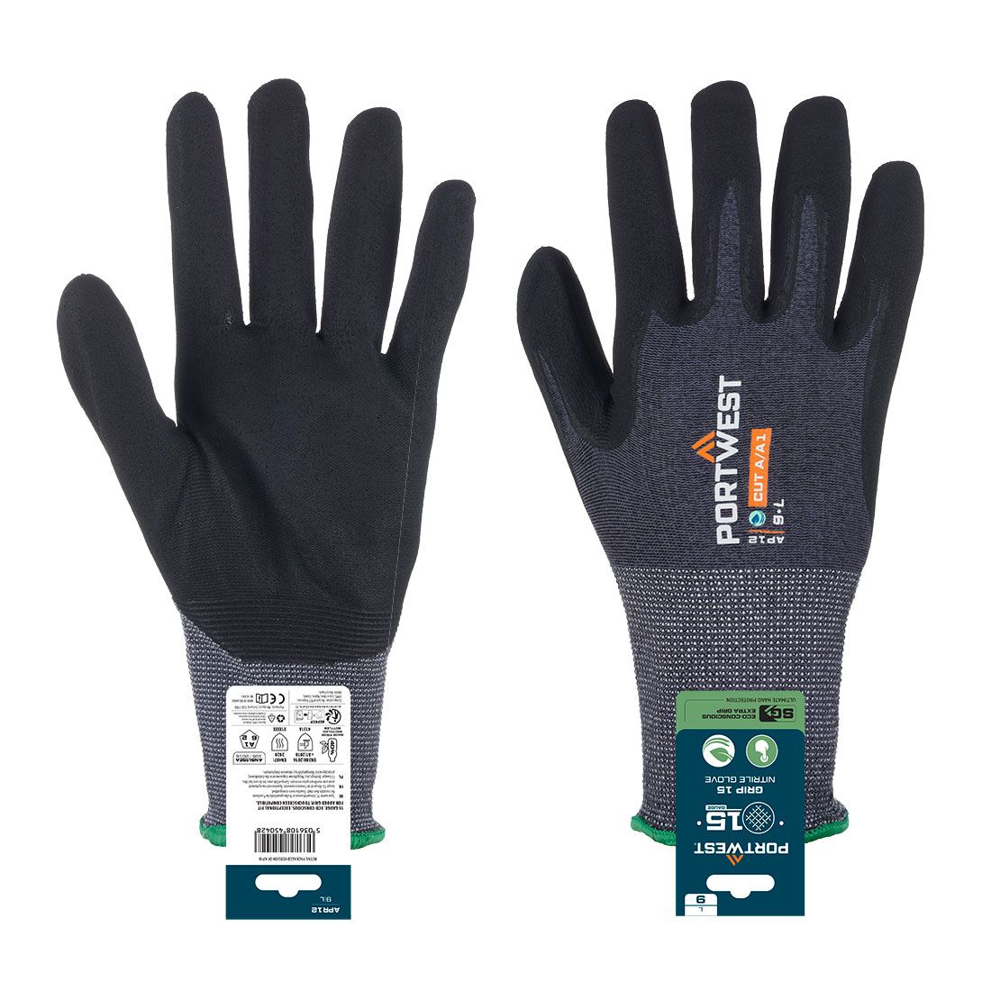 SG Grip 15 Nitrile Glove (Retail), L, R, Grey/Black