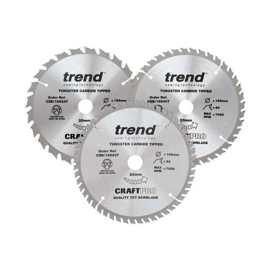 TREND CSB/165/3PK/B CRAFT TCT SAW BLADES 24/404/52Tx20x165mm (PACK OF 3)