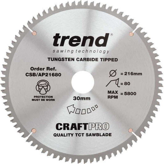 TREND CSB/AP21680 ALUMINIUM/PLASTIC WORKTOP TCT CIRCULAR SAW BLADE 80T x 30 x 216mm