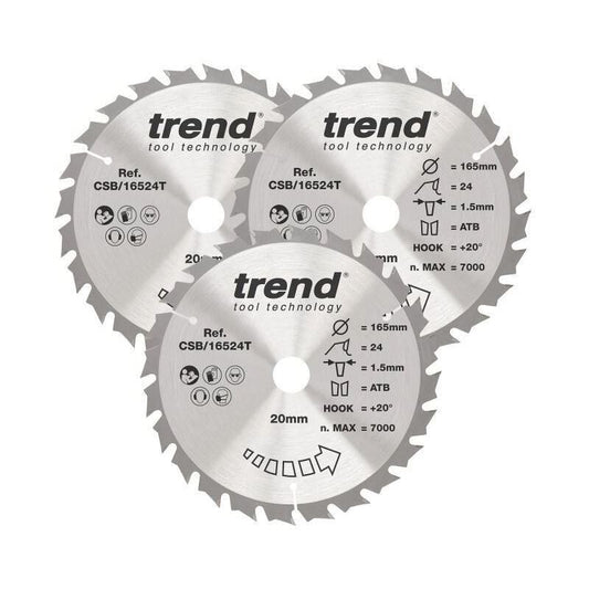TREND CSB/165/3PK/D WOOD SAWBLADE 165 x 20 x 24T (3 PACK)