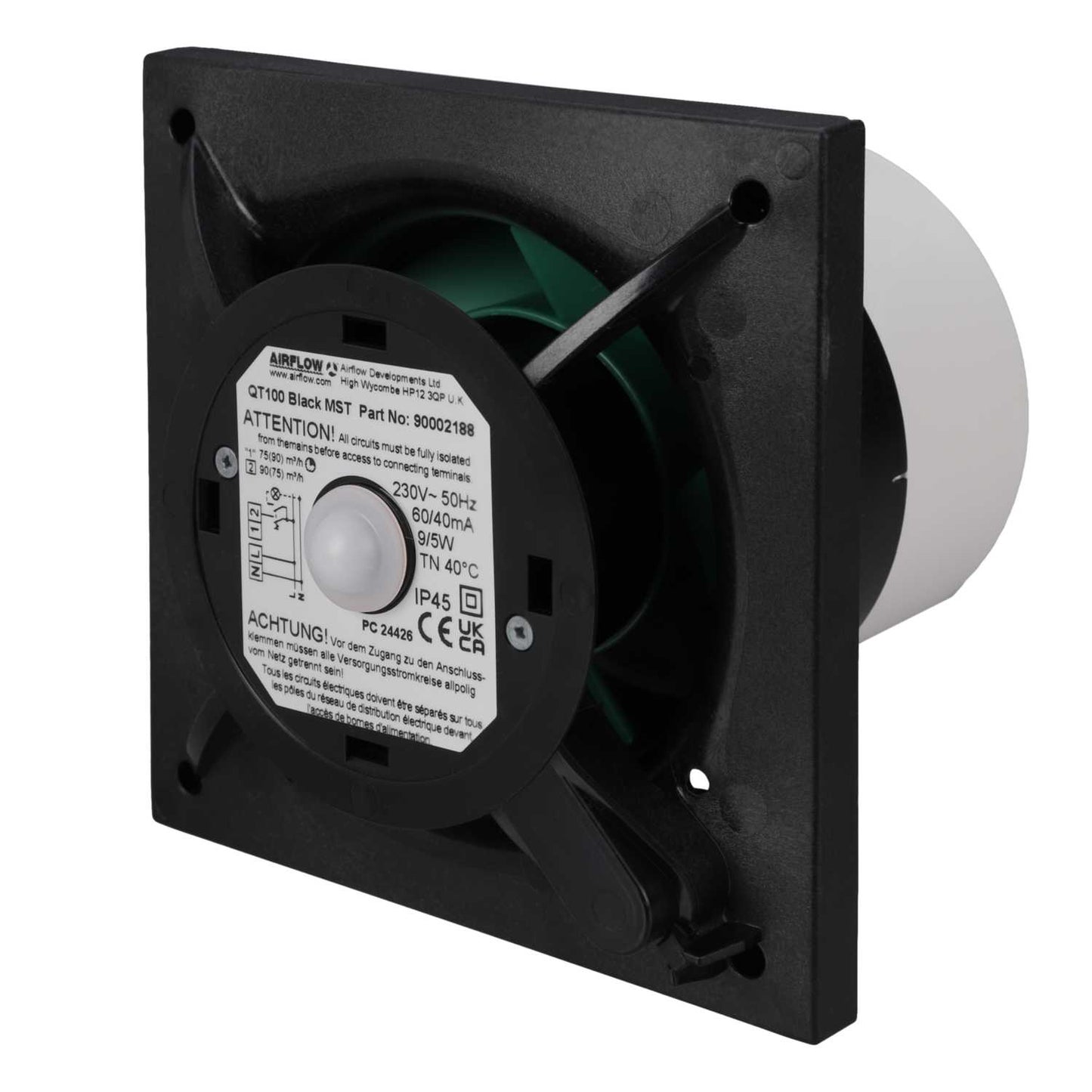 Airflow 100mm 4" QuietAir Axial Fan with PIR and Timer Black