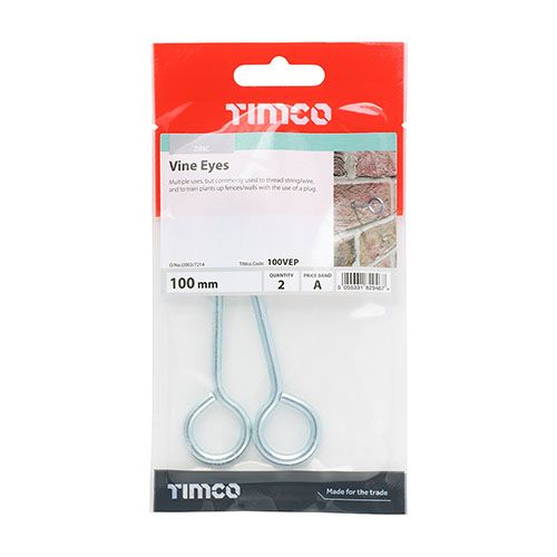 TIMCO SCREW IN VINE EYES BRIGHT ZINC PLATED 4.3 x 100mm (BAG 2) 100VEP