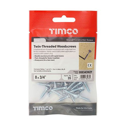 TIMCO COUNTERSUNK POZI WOOD SCREWS BRIGHT ZINC PLATED 8 x 3/4" (BAG 35) 00834CWZP