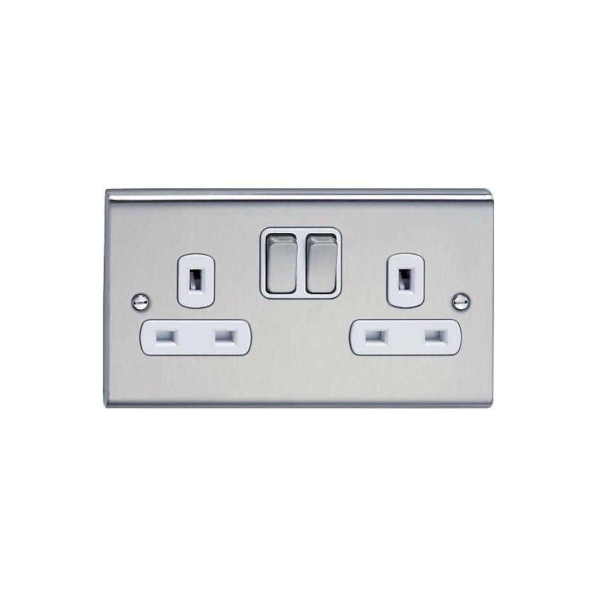 DETA SD1209SSW 2-POLE 2-GANG SWITCHED SOCKET 13a STAINLESS STEEL / WHITE