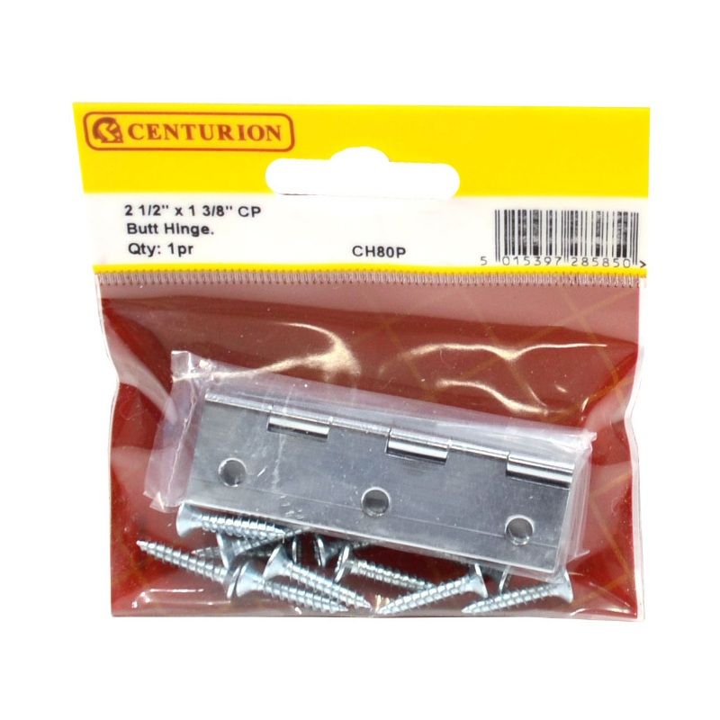 CENTURION CH80PCHROME PLATED SOLID DRAWN BUTT HINGES 2 1/2 x 1 3/8" x 1.6mm
