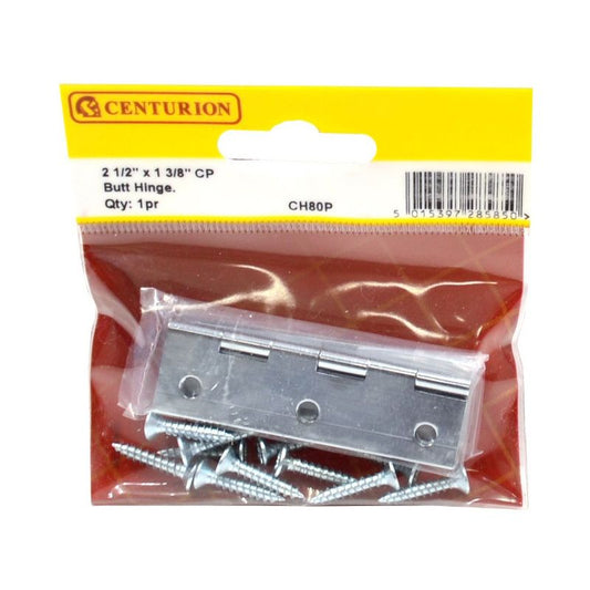 CENTURION CH80PCHROME PLATED SOLID DRAWN BUTT HINGES 2 1/2 x 1 3/8" x 1.6mm