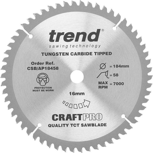 TREND CSB/AP18458A ALUMINIUM/ PLASTIC WORKTOPS TCT CIRCULAR SAW BLADE 58Tx30x184mm