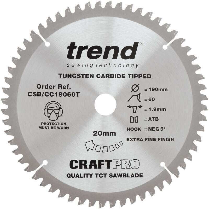 TREND CSB/CC19060T MITRE SAW CROSSCUTTING TCT CIRCULAR SAW BLADE 60T x 20 x 190mm
