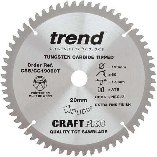 TREND CSB/CC19060T MITRE SAW CROSSCUTTING TCT CIRCULAR SAW BLADE 60T x 20 x 190mm