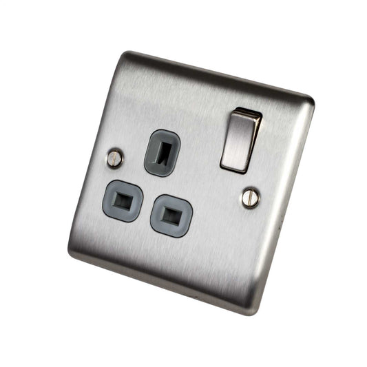 BG 13A DP 1 Gang Switched Socket Grey Insert Brushed Steel