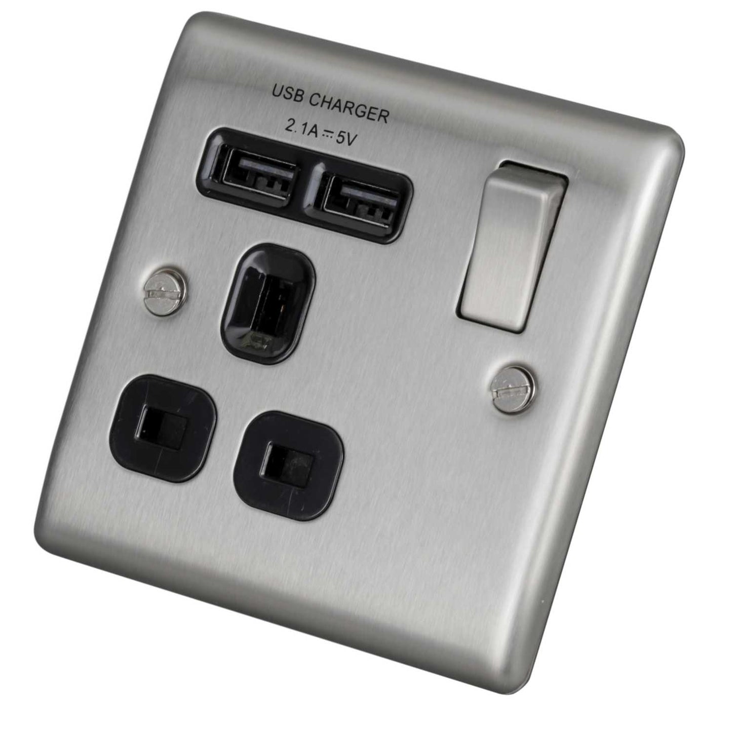 BG 13A 1 Gang Switched Socket with Twin USB Outlets Black Insert Brushed Steel