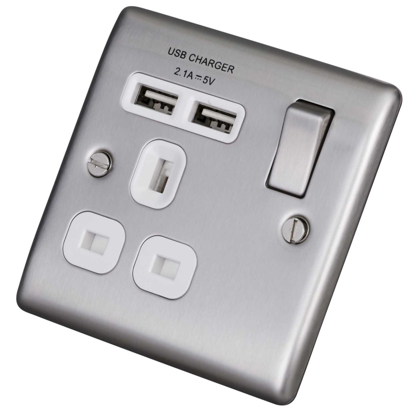 BG 13A 1 Gang Switched Socket with Twin USB Outlets White Insert Brushed Steel
