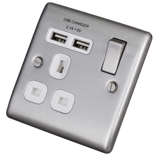 BG 13A 1 Gang Switched Socket with Twin USB Outlets White Insert Brushed Steel