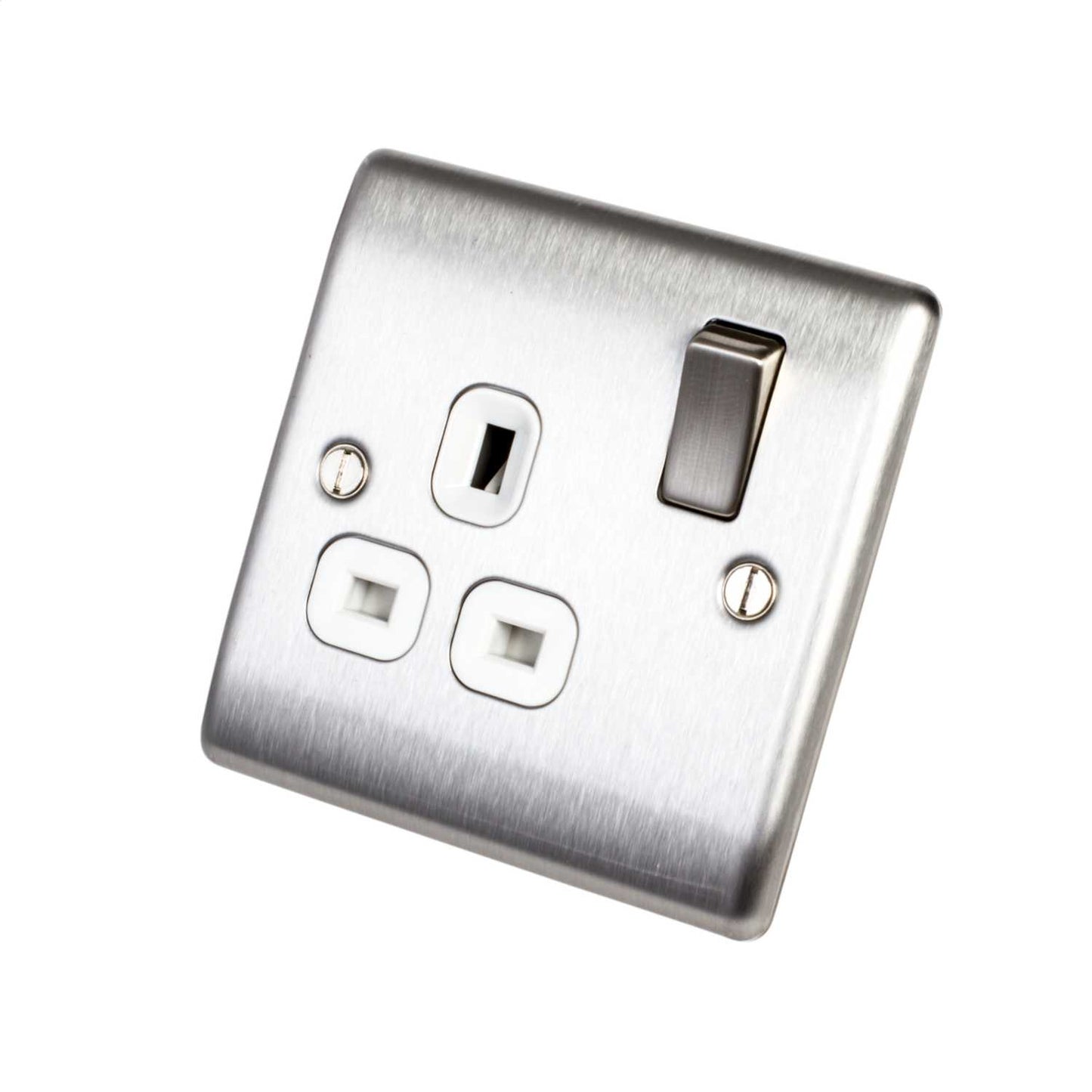 BG 13A DP 1 Gang Switched Socket White Insert Brushed Steel
