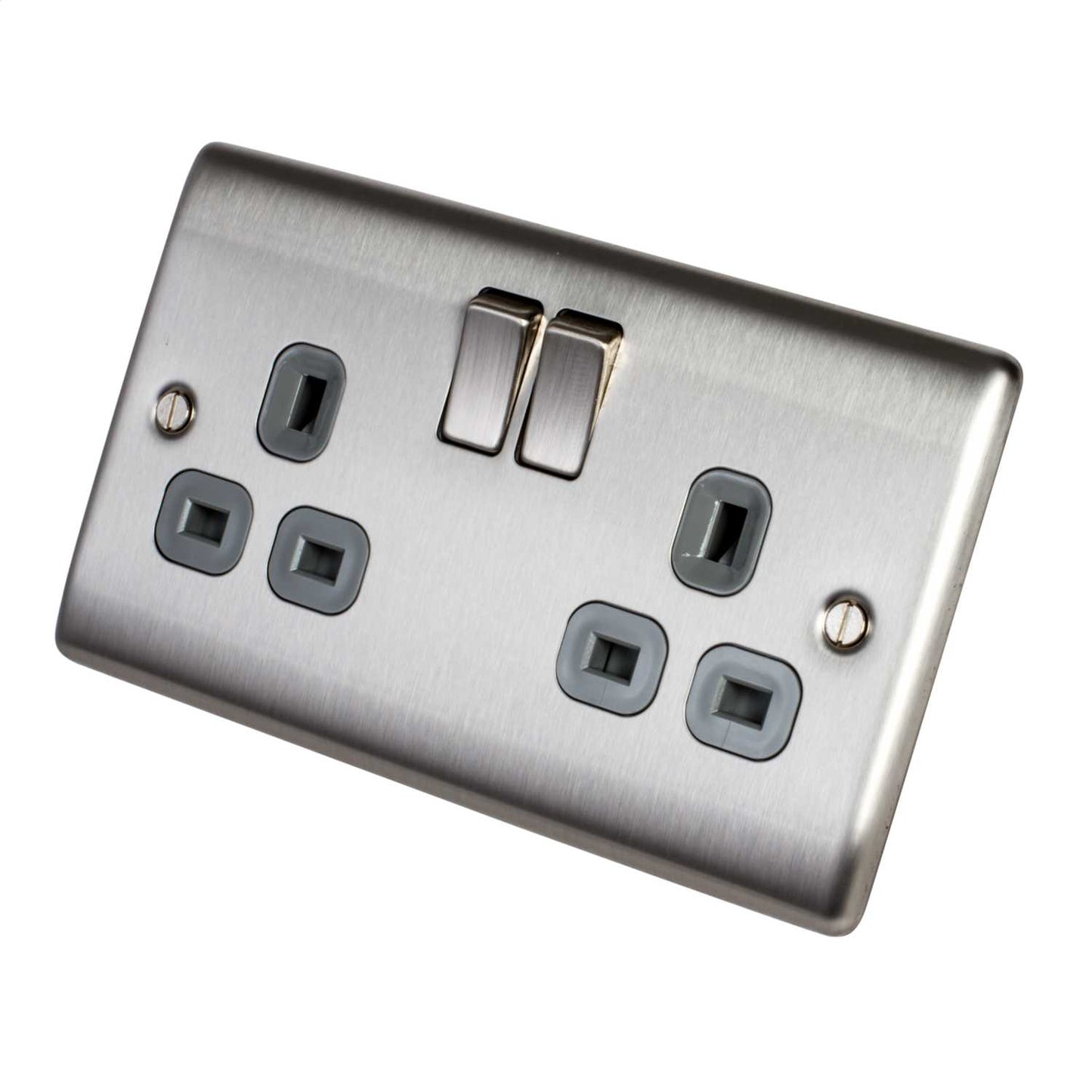BG 13A DP 2 Gang Switched Socket Grey Insert Brushed Steel