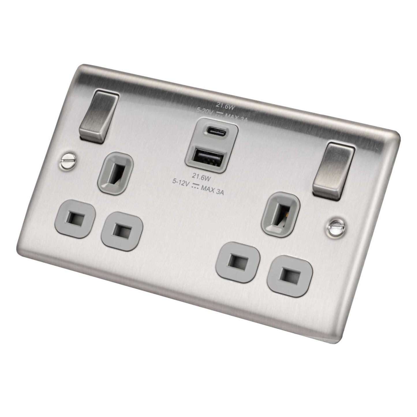 BG 13A 2 Gang Socket with 1 x Type A and Type C USB Grey Insert Brushed Steel